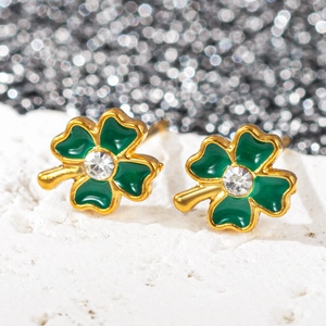 Boucles d'oreilles trèfle en acier inoxydable doré 18k avec émail vert et zircon