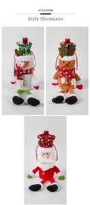 Detailed view of 3D Christmas wine bottle covers featuring Santa, snowman, and reindeer