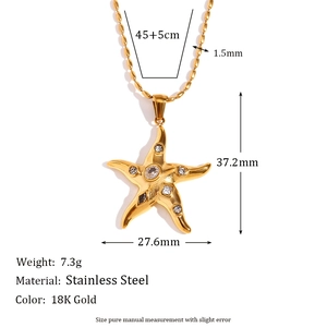 18K gold plated stainless steel starfish pendant necklace with geometric zircon stones