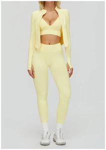 Ensemble de yoga 3 pièces jaune pâle sans couture avec legging taille haute et veste