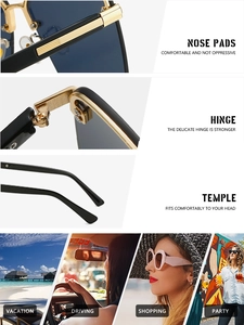 Detail shots of golden metal nose pads, hinges and lifestyle scenes of rimless sunglasses