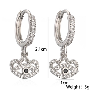 Chic silver plated evil eye earrings with zircon accents measuring 2.1cm by 1cm