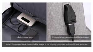 Detailed view of the external USB charging port and internal power bank pocket on backpack
