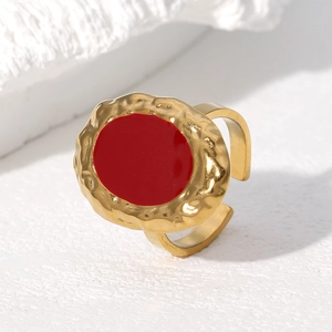 French vintage style adjustable stainless steel ring with red oval enamel inlay