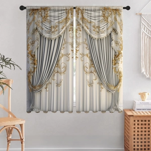 Close-up of 3D digital floral printing and elegant golden drapery pattern on beige curtains