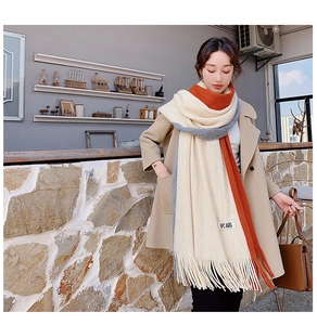 Detail of soft knit scarf featuring tassels and a woven NPC ARG brand label