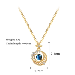 Detailed specs of star and crescent moon necklace with blue gem and clear crystals