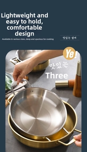 Detail view of stacked stainless steel pans with ergonomic handles in gold and silver