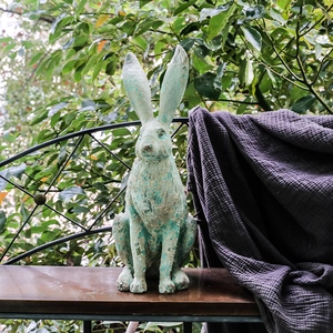 Nordic vintage resin long-eared rabbit garden ornament with weathered green finish