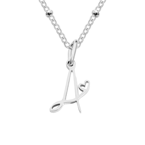 Elegant stainless steel beaded chain necklace with silver cursive letter A and heart charm
