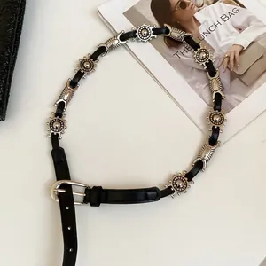 Boho style thin leather waist chain with silver gear rings and metal bar decorations