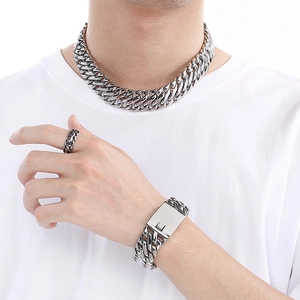 Men's silver stainless steel jewelry set including Cuban chain necklace, bracelet, and ring
