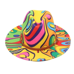 Colorful graffiti wool fedora hat with a brown leather buckle strap and wide flat brim