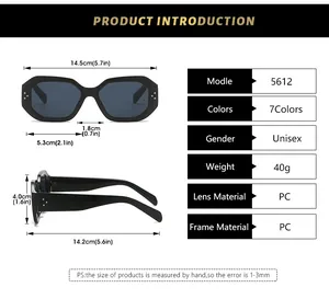 Detailed size chart for retro polygon sunglasses showing dimensions and PC material specs