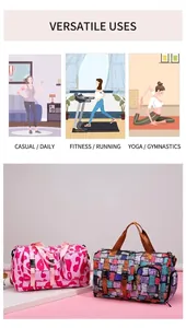 Große Fitness-Reisetasche mit mehreren Fächern und verschiedenen Nutzungsszenarien.