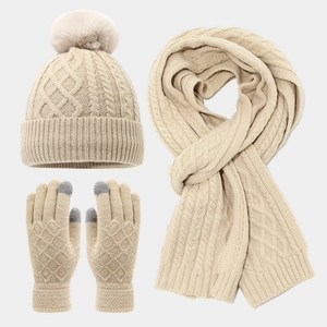 Winter Damen Strickmütze Schal Und Touchscreen Handschuhe Warm Gefüttert Kunstpelz Bommel Outdoor Winddicht