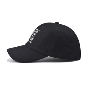 Detailed side view of black cotton baseball cap with white Boston embroidery detail