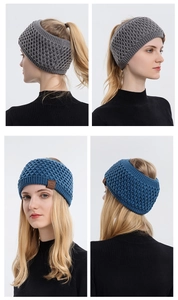 Collage aus breitem Strickstirnband mit Wabenmuster und Lederetikett-Details
