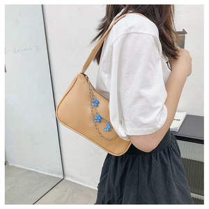 Khaki hobo shoulder bag with silver metal chain and blue butterfly charms detail