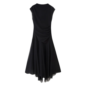 Detail of black mesh sleeveless dress with pleated textures and irregular hemline