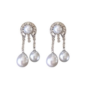 Elegant silver drop earrings with geometric pearl accents and shimmering diamonds for women