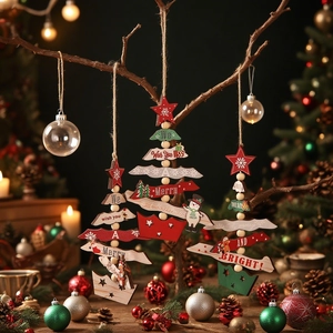 Christmas Tree Hanging Ornament Wooden Layered Painted Cartoon Santa Snowman Reindeer Festive Holiday Xmas Home Decor
