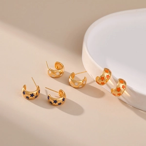 18K gold plated brass C-shaped hoop earrings with star enamel in navy, white and orange