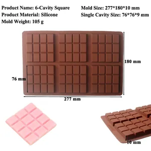 Detailed views of 6-cavity square silicone chocolate mold with precise dimensions and weight