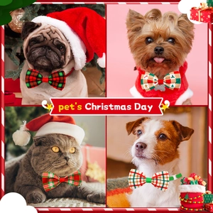 Christmas plaid pet bow tie set featuring various festive patterns for small dogs and cats