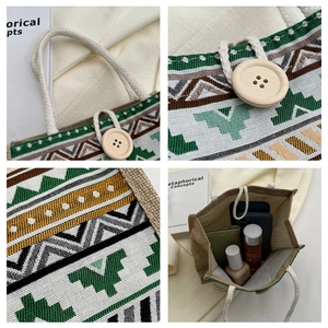 Détails du sac en lin avec motifs tissés, bouton en bois et poignée en cordelette