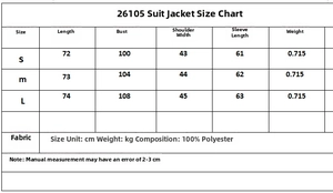 Size chart for women's bow wrap blazer with 100% polyester fabric details and measurements