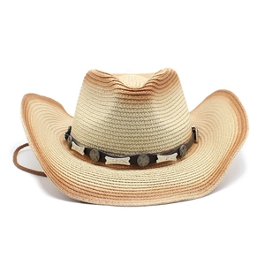 Gradient woven straw cowboy hat with a leather strap and metallic star accents