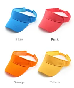 Vier Sonnenvisier-Hüte in Blau, Rosa, Orange und Gelb mit verstellbaren Klettverschlüssen