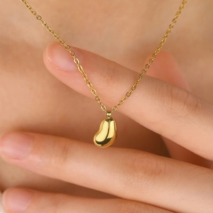 Minimalist Bean Shape Pendant Necklace And Stud Earrings 18K Gold Plated Stainless Steel Water Drop Fashion Jewelry For Women Elegant Polished