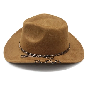 Brown faux suede cowboy hat with leopard print braided band and wide curved brim