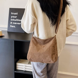 Brown corduroy large capacity crossbody bag for women with adjustable strap for daily use