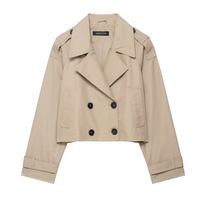 Short khaki double-breasted trench coat with classic lapels and adjustable cuffs