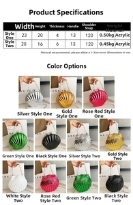Size chart showing dimensions for shell acrylic evening bags with pearl handles