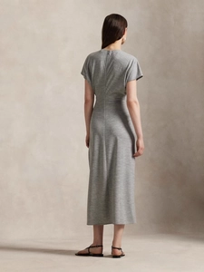 Elegant grey short-sleeved midi dress featuring a fitted waist and back zipper detail
