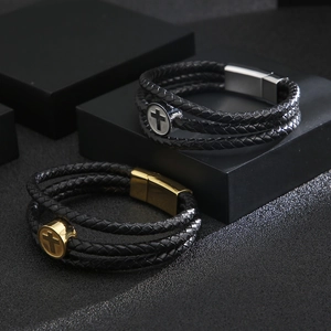 Three-layer braided leather bracelet for men featuring a stainless steel cross charm