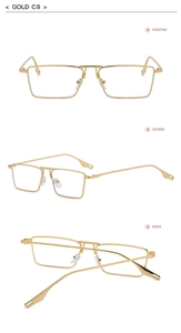 Three-angle view showing front and side of golden square metal frame sunglasses