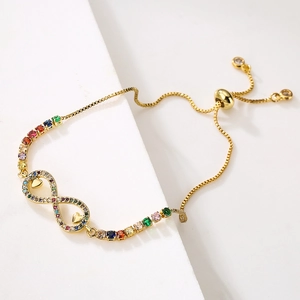 18K gold plated Hamsa hand and infinity bracelet with colorful cubic zirconia and heart charms