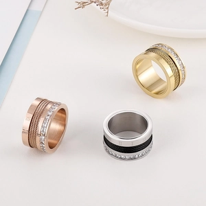 Titanium steel Roman numeral rings with wire cable inlay and crystal accents