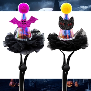 Detail of Halloween pet hats with bat and black cat sequins and adjustable straps
