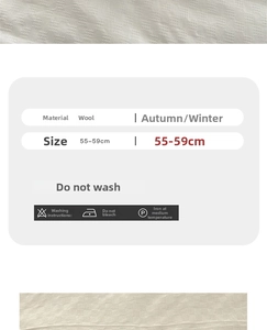 Size guide and care labels for beige velvet bow knit hat with wool material detail