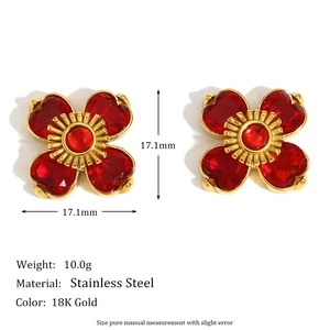 French vintage 18K gold plated stainless steel red flower earrings with heart petals