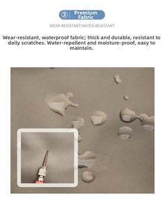 Close-up of waterproof khaki fabric with water droplets and scratch resistance test