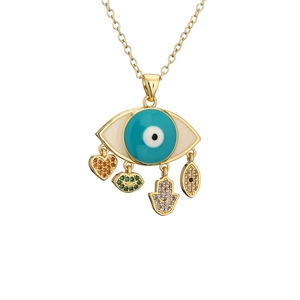 Golden evil eye necklace featuring heart, lips, and hand of Fatima colorful charms