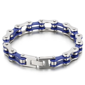 Mechanical style bicycle chain bracelet in silver and blue stainless steel for men