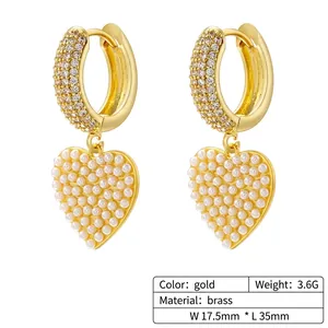 French vintage gold plated brass heart earrings with artificial pearls and zircons